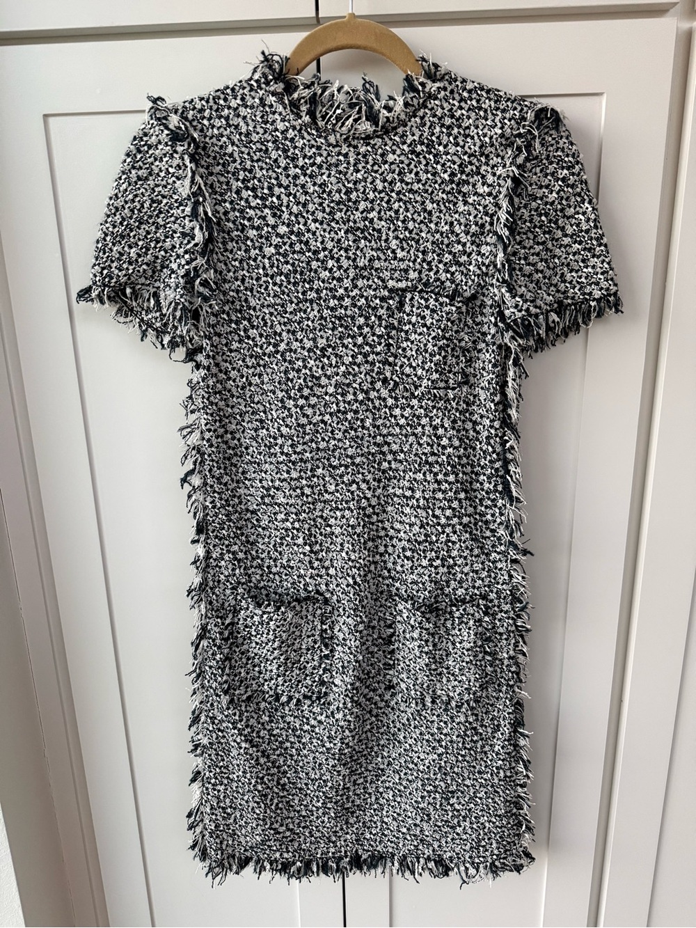 Lanvin Fringed Tweed Shift Dress in Navy, white & grey
